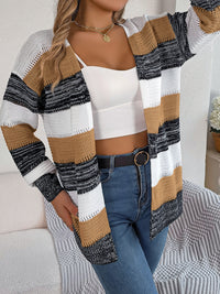 Women Casual Color Block Stripe Lantern Sleeve Cardigan Sweater Coat