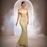 Sleeveless Off-the-shoulder Sequined Mermaid Evening Gown