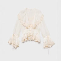 Sweet Beauty Summer Ruffles Lace Stitching Large Lapel Short Waist