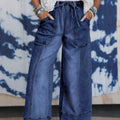Prussian Blue Drawstring Seam Detail Raw Hem Wide Leg Denim Pants