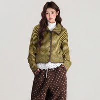 Polo Collar Striped Single-breasted Knitted Sweater Long Sleeve