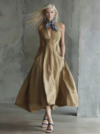 Womens Retro Sleeveless Tie-Waist A-Line Midi Dress With V-Neck