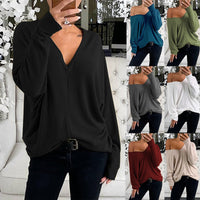 V-neck Lapsed Sleeves Loose Long-sleeved Top T-shirt For Women