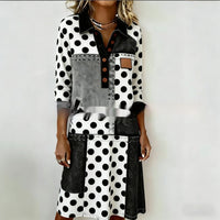 Womens Crew-Neck Pocketed Fashionable Elegant Contrast-Piece Joint Dress