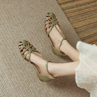 Women's Woven Hollowed Closed Toe Low Heel Flat Sandals