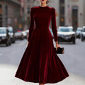 Womens Solid-Colored Casual Velvet Crew-Neck Long-Sleeve Dress