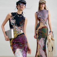 Two-Way Color-Block Printed Cheongsam Dress