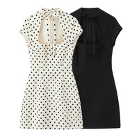 Fashionable Polka-Dot Short Dress With Bow Accent