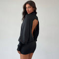 Womens Solid Color Sexy High-Neck Long-Sleeve Backless Loose-Fit Sheath Dress