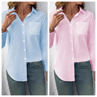 Lapel-collar Casual Pleated Loose-fitting Long-sleeve Womens Blouse