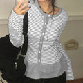 Retro Cake Hem Cardigan Striped Crew-Neck Womens Blouse