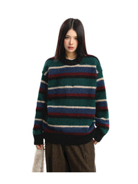 Women's American-style Contrast Striped Round Neck Sweater Autumn
