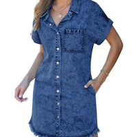 Womens Short-Sleeve Denim Shirt Dress Denim Button-Up Casual Style