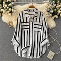 Mid-length Vertical Stripes Multi-color Shirt Coat Casual Loose Top