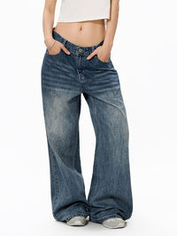 Star-print Wide-leg Denim Jeans For Women Washed Loose-fit Casual