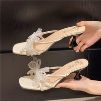 Sweet Bow Thin Heeled Slippers, Square Toe High Heels, Fashion Women's Shoes