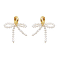 Handwoven Pearl Bow Earrings For Women Light Luxury Style