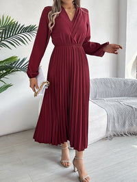 Women's Elegant Triple V Neck Long Sleeve Tie Waist Pleated Maxi Dress