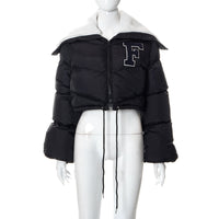 Letter Fur Collar Zipper Drawstring Women's Casual Cotton-padded Jacket Top
