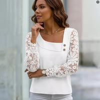 Womens Fashion Solid-Color Long-Sleeve Lace-Patchwork Shirt