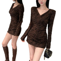 Womens French-Style V-Neck Leopard-Print Long-Sleeve Dress