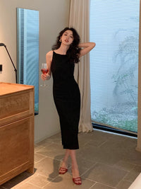Off-shoulder Waist-cinched Slit Dress Feminine Elegant Figure-flattering Slip Dress