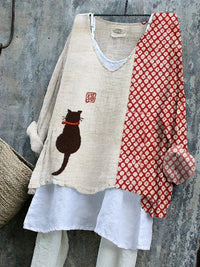 SpringSummer V-neck Long-sleeve Shirt Artistic Retro And Relaxed-fit
