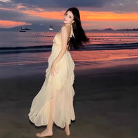 French-style Irregular Ruffle Strap Dress For Women