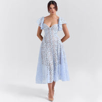 Retro Lace High-Waisted Slimming V-Neck Short-Sleeve Maxi Dress