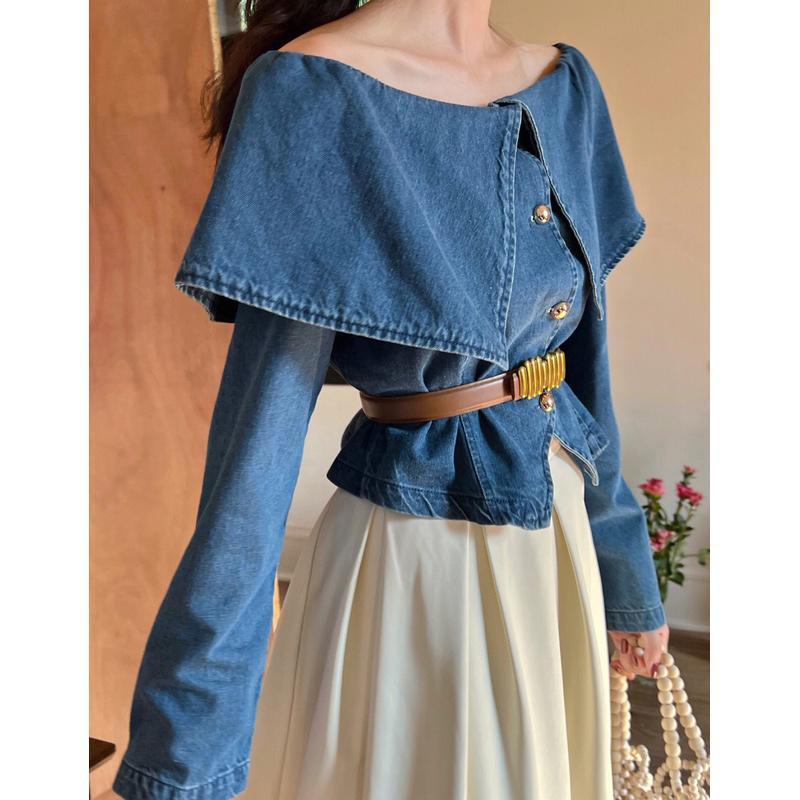 Lapel Long Sleeve Denim Waist-controlled Top Mid-length Skirt