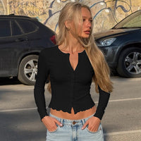 Cardigan Button Top Slim-fit Long-sleeved Wavy T-shirt