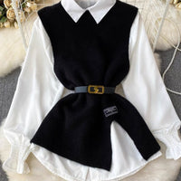 Slit Knitted Vest Shirt Western Style Youthful-looking Two-piece Set