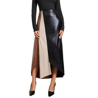 PU Colorblock Leather Skirt High-Waisted Zipper Midi Skirt
