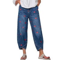 Women's Washed Denim Jeans With Heart Print