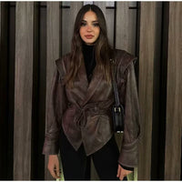 All-match Retro Green Collar Single-breasted With Belt Leather Coat Women