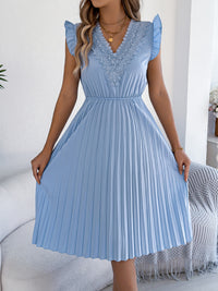Casual Lace V-neck Ruffled-waist Pleated Dress