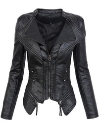 PU Leather Zippered Patchwork Jacket Coats