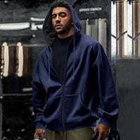 Men's Fleece-lined Loose Drawstring Hooded Zip-up Sweater