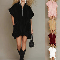Short-sleeve Double-pocket Dress With Zipper And Ruffled Hem, A-line Womens Outfit