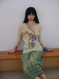 Micro-translucent Pleated Irregular Print High-neck Slim-fit Base T-shirt