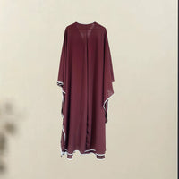Elegant Long Robe With Batwing Sleeves And White Trim