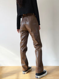Brown PU Leather High Waist Slim Fit Bag Hips Slimming Plus Cashmere Straight Leg Leather Pants
