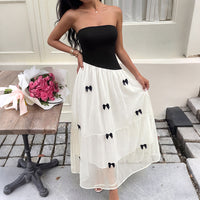 New French Sweet-Cool Style Black And White Contrasting Color Strapless Bow-Knot Dress