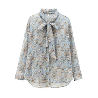 European And American Women's Clothing French Floral Tie Bow Long-sleeved Shirt