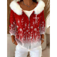 Stylish 3D Digital-Print Womens Cardigan With Faux Fur Hoodie