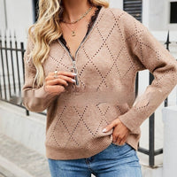 Women's Hollow Zipper Half Cardigan V-neck Lace Pullover Outerwear Sweater