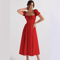 Womens Slimming Elegant Puff-Sleeve Lace-Up Short-Sleeve Dress