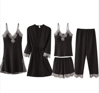 French Pajamas Spring And Summer Thin Ice Silk Nightdress Five-piece Suit
