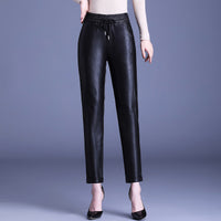 PU Leather High Waist Harem Pants With Small Feet Casual Fashion Elastic