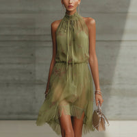 V-neck Waist Trimming Ruffles Elegant Dress